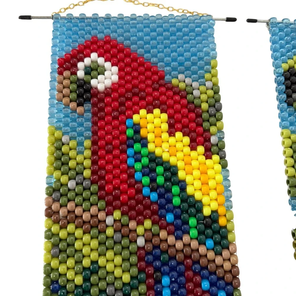 Vintage Handcrafted Pony Beaded Parrot Wall Hanging Set Tropical Macaw Decor 2pc